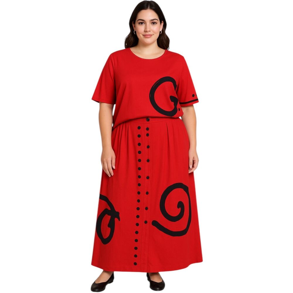 Casien Swinger Bold Red And Black Graphic Blouse & Skirt Set, Size Medium